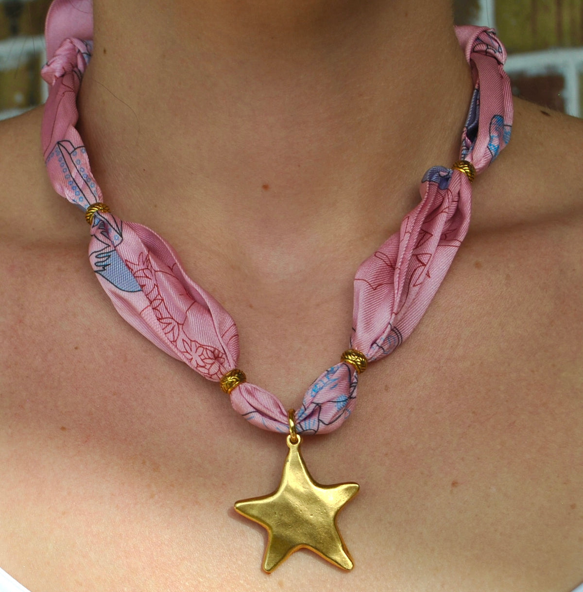 Pink Silk Scarf & Gold Star Pendant Necklace