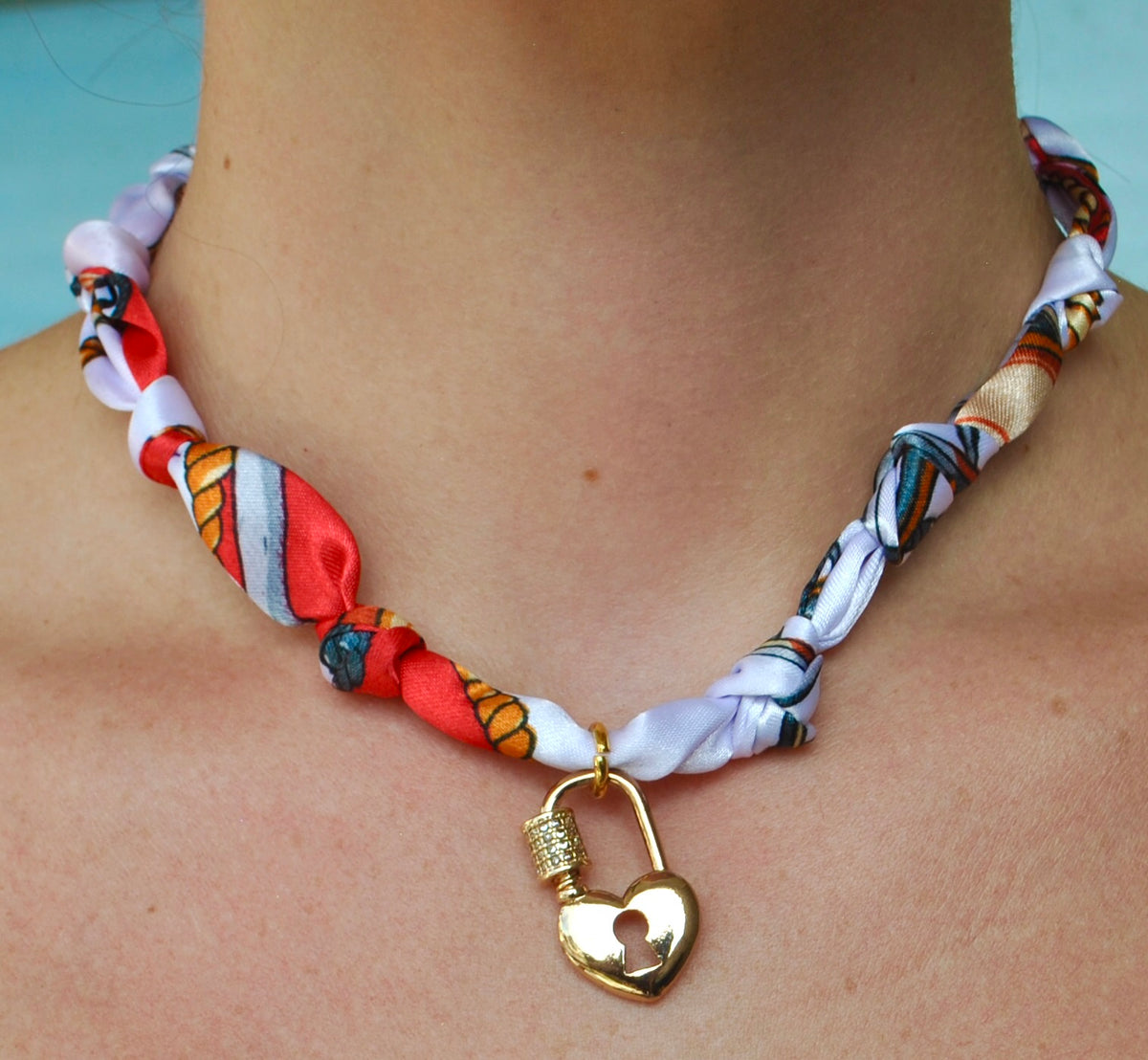 Printed Silk Scarf Heart Lock Necklace