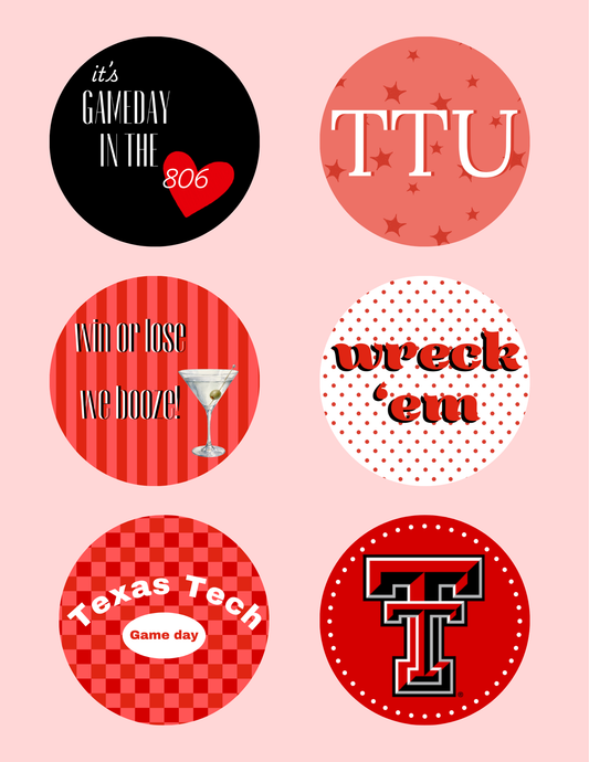TTU Game Day Button Pack featuring six Texas Tech designs for game day pride.